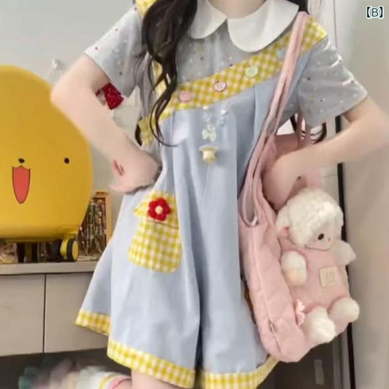ワンピース キッズ 女の子 夏物 半袖 背েন্টサロペット 2点セット 子供服 かわいい...