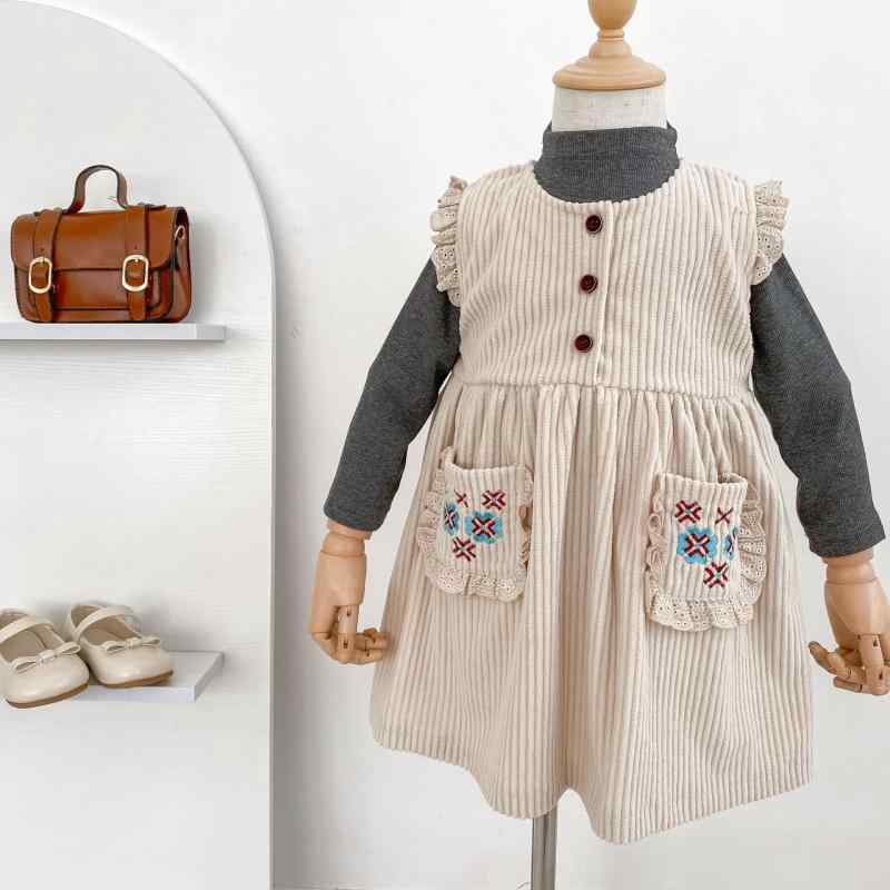 ワンピース 女の子 子供服 背心ワンピース Aライン チュニック コーデュロイ 杏色 ブラウン グレー ポ..