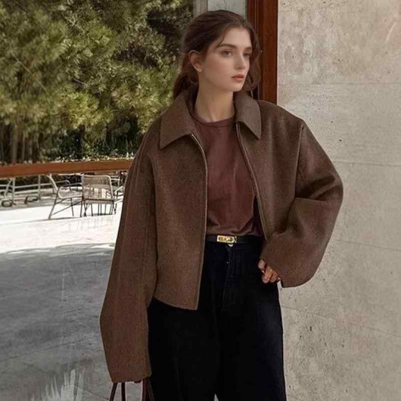 ジャケット レディース テーラード 秋冬 長袖 襟付き ポリエステル 綿 混紡 ゆったり アウター ブルゾン ジャンパー ジャンバー 普段使い ブラウン ベージュ ワインレッド ダークグレー