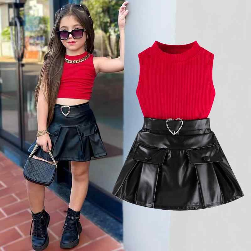 子供服 女の子 タンクトップ トップス PUレザー飾り付きスカート 上下2点セット 夏物 普段着 かわいい 90 100 110 120 130cm