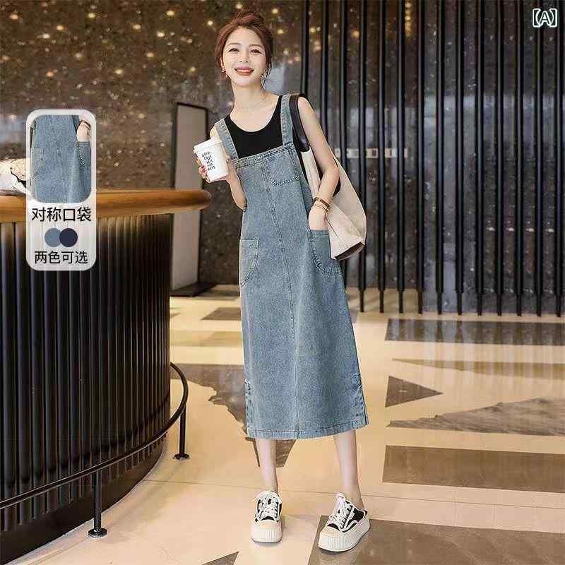 ワンピース レディース デニム 背当て ミドル丈 韓国風 スリムフィット スタイルアップ 浅ブルー ダークブルー