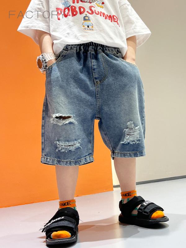 子供 デニム 短パン ハーフパンツ 男の子 キッズ 夏 潮 破れ加工 ダメージ加工 ゆったり B類 中小儿童 90cm 100cm 110cm 120cm 130cm 140cm 150cm ブルー