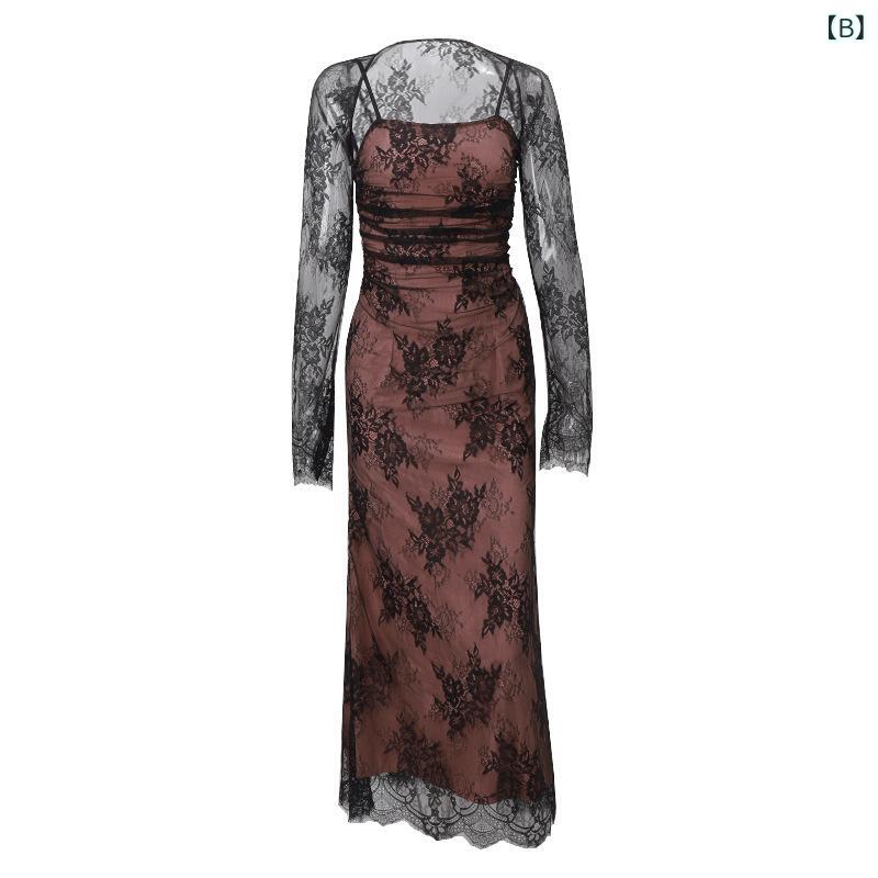 ワンピース レディース 秋 Uネック 長袖 キャミソール レース 2点セット 膝下丈 ポリエステル 高見え 白 黒 セクシー