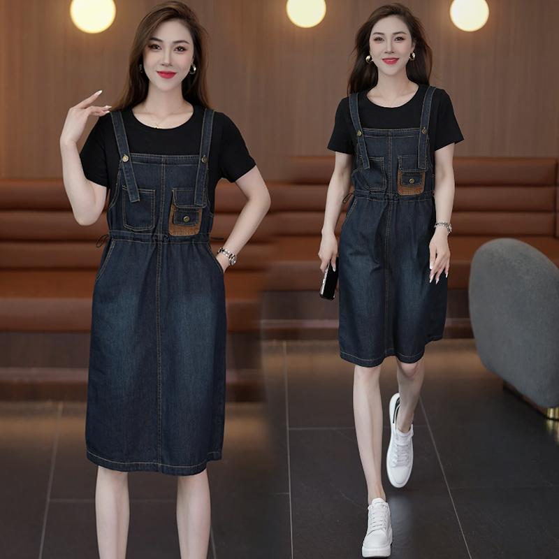 ワンピース レディース デニムワンピース 切り替え 膝丈 ミモレ丈 Aライン 半袖 ラウンドネック ゴムウエスト ゆったり 体型カバー ブラック 黒 ストライプ