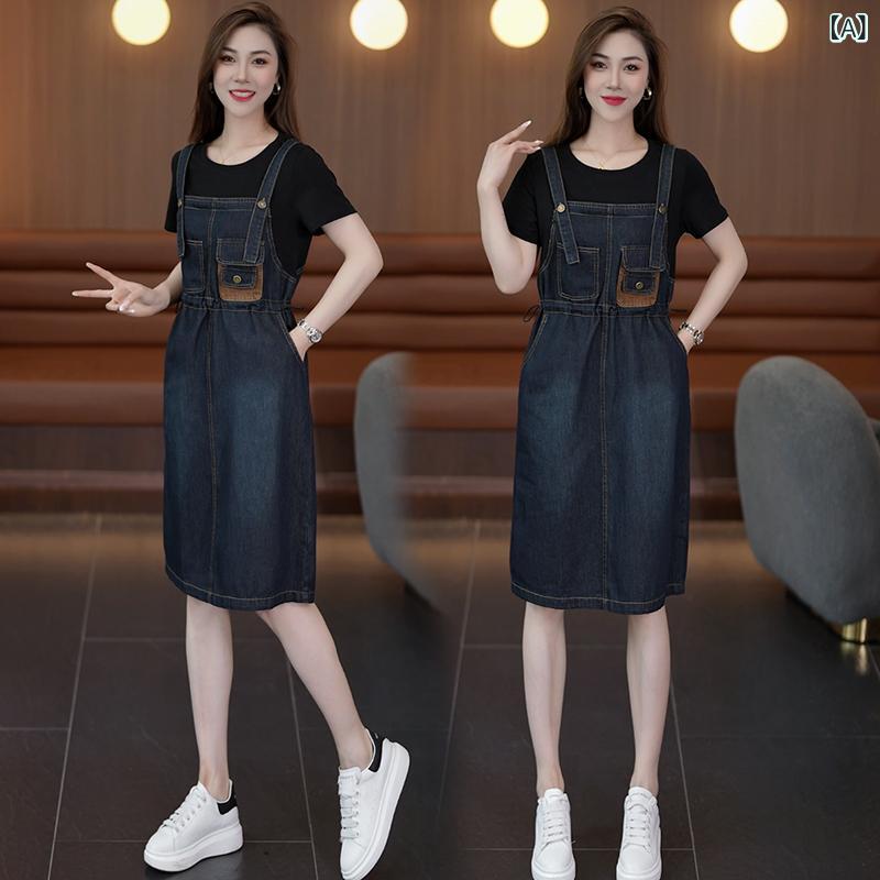 ワンピース レディース デニムワンピース 切り替え 膝丈 ミモレ丈 Aライン 半袖 ラウンドネック ゴムウエスト ゆったり 体型カバー ブラック 黒 ストライプ