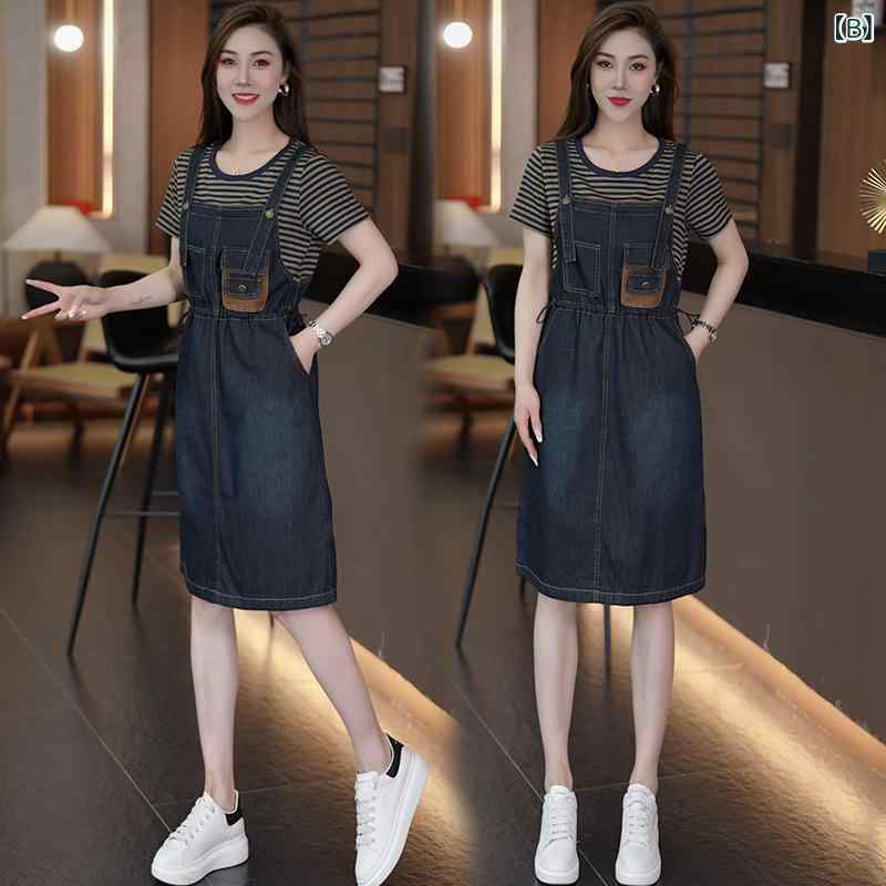 ワンピース レディース デニムワンピース 切り替え 膝丈 ミモレ丈 Aライン 半袖 ラウンドネック ゴムウエスト ゆったり 体型カバー ブラック 黒 ストライプ