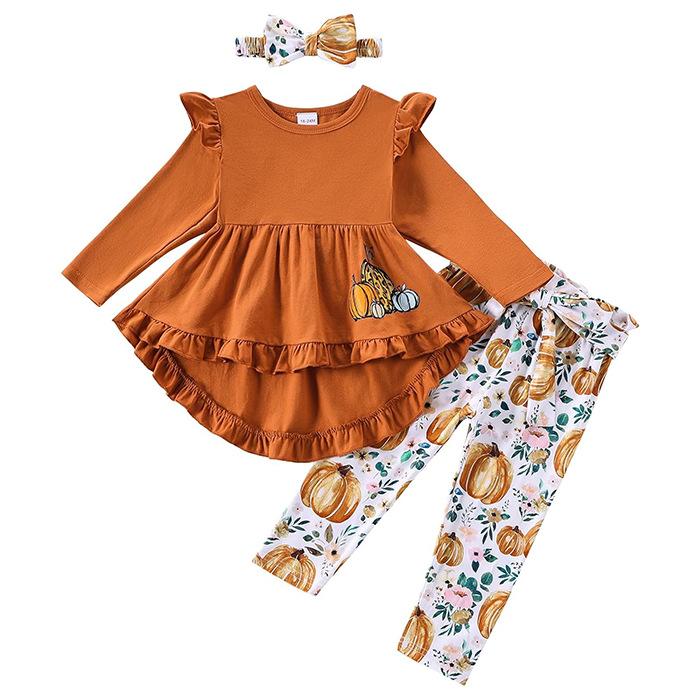 子供用セットアップ ハロウィン コスチューム 長袖 ギャザー ボヘミアン シャツワンピース かぼちゃパンツ 上下セット 2点セット 幼児 女児 春秋 チョコレート色 銀灰色