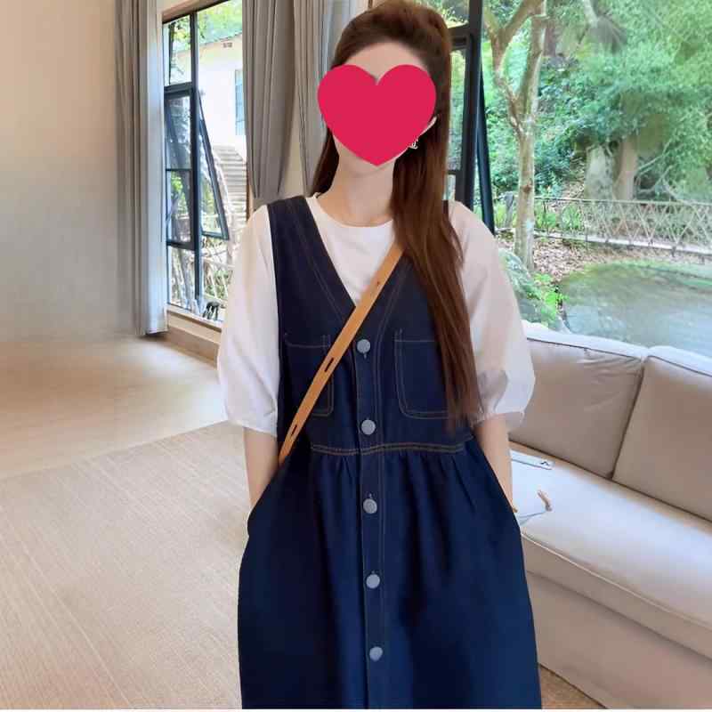 デニムワンピース レディース 春 Aライン ロング丈 ドッキング Tシャツ付き キャミワンピース セットアップ 中国風 レトロ ポリエステル ゆったり かわいい...