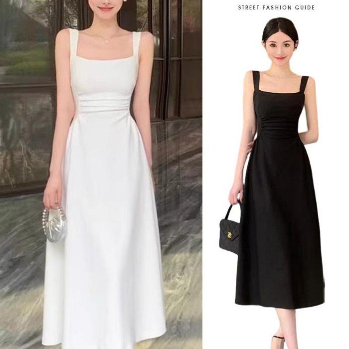 ワンピース レディース サロペットスカート ロング丈 ポリエステル Aライン 高腰 Uネック ノースリーブ ブラック ホワイト 無地 シンプル カジュアル