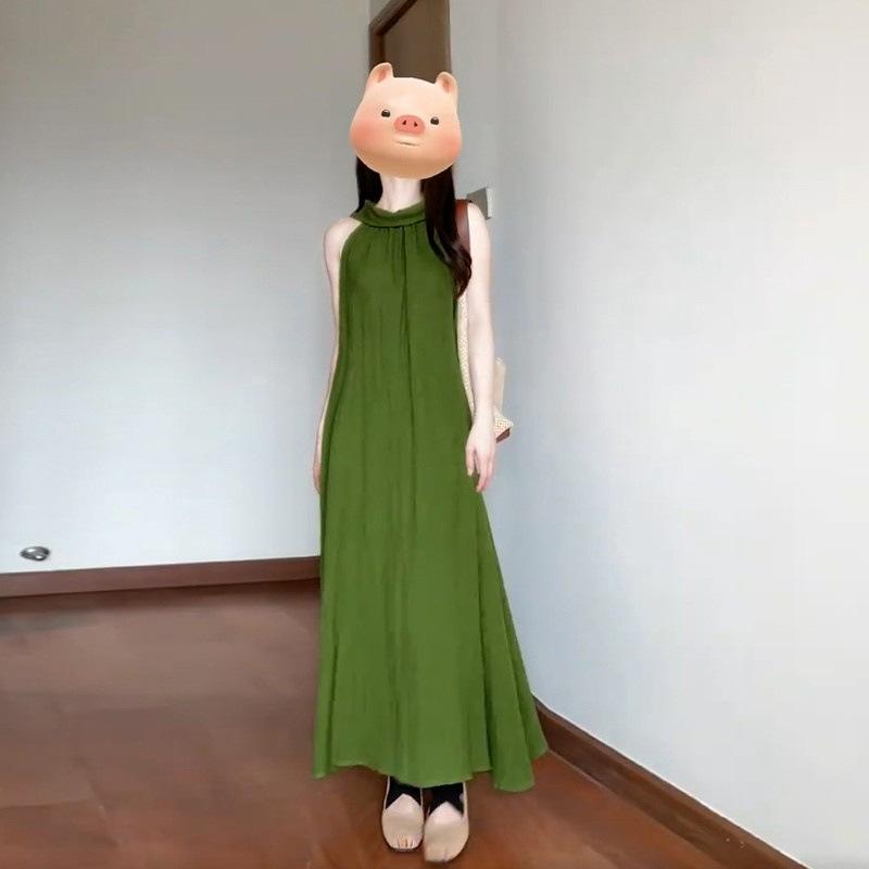 ワンピース レディース ノースリーブ Aライン 膝丈 チュニック ポリエステル グリーン 緑色系 無地 ストリート カジュアル 体型カバー ゆったり