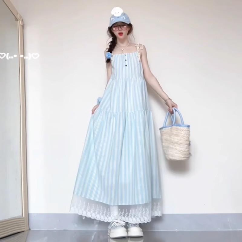ワンピース レディース 春夏 フレンチ 初恋 ブルー ストライプ 吊りスカート ロングワンピース 小柄 高身長 ビーチ リゾート TR素材 ノースリーブ 高腰 切り替え