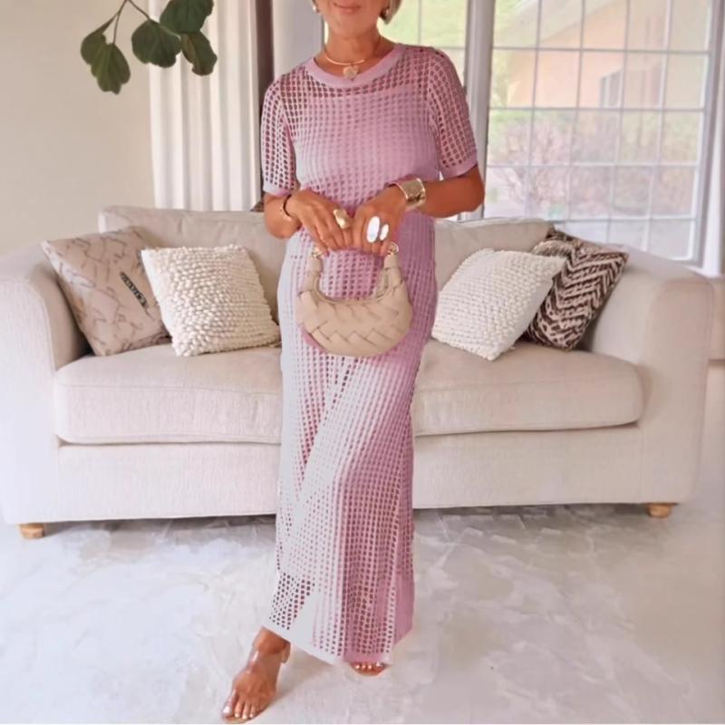 ワンピース レディース 半袖 ロング丈 背あてドレス 2点セット ポリエステル 無地 杏色 白色 グリーン ピンク ブルー 紫色 ブラック グレー エレガント 通勤