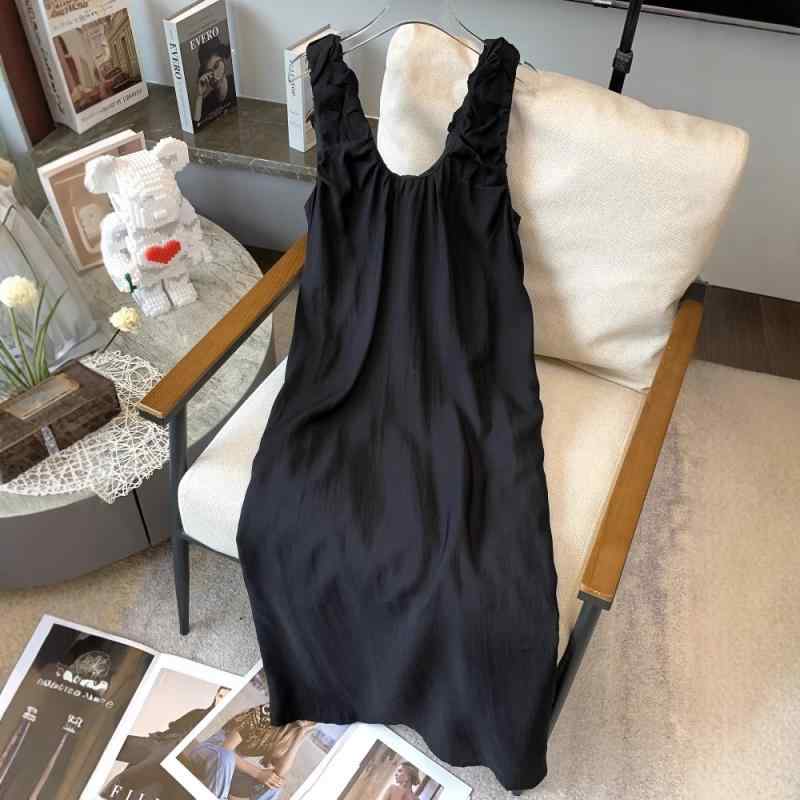 ワンピース レディース Aラインワンピース ロング丈 ノースリーブ 黒 ブラック 高見え 落ち感 2025春夏 一字襟 ギャザー