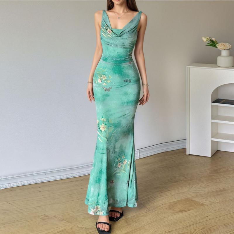 ワンピース レディース リゾート風 高腰 絞り染め 花柄 ノースリーブ ロング タンクワンピース チュニック 普段使い デート グリーン