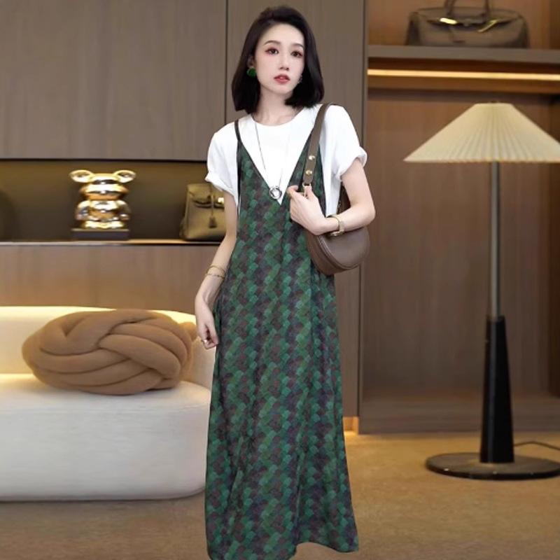 ワンピース レディース 春夏 Aライン 高腰 半袖 切り替え プリント柄 膝丈 ロング丈 ノースリーブ 2点セット風 ブルー 青 グリーン 緑 エレガント