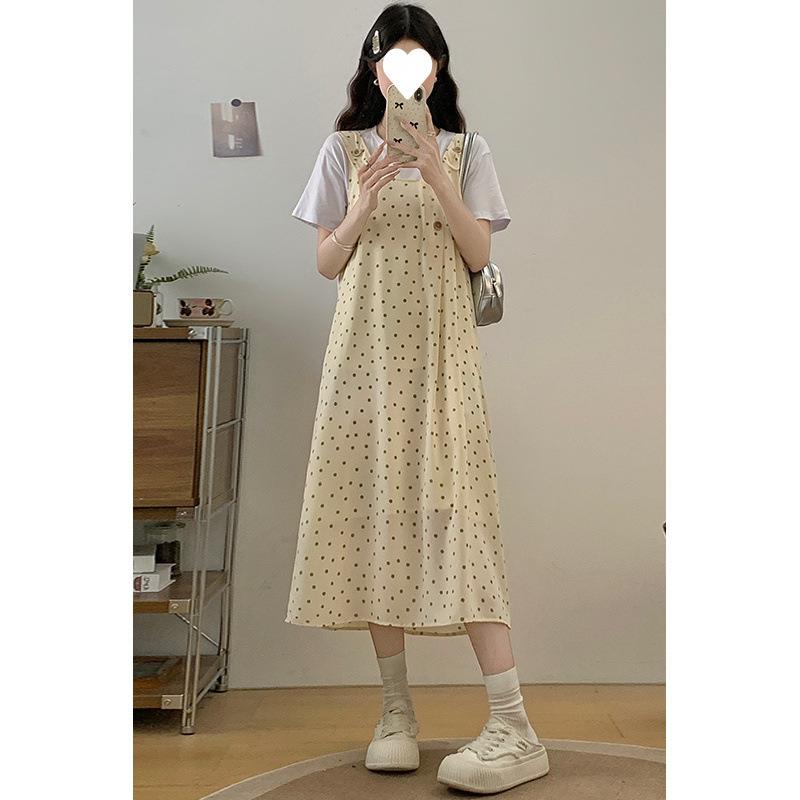 ワンピース レディース 韓国風 ドット柄 キャミソールワンピース 半袖Tシャツ 2点セット チュニック Aライン 膝丈 ギャザー ゆったり 体型カバー ストリー...