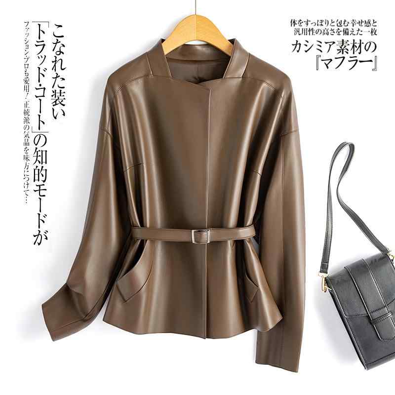 レザージャケット レディース 羊革 ショート丈 韓国風 立襟 皮ジャン アウター チョコレート色 メラードカラー ブラック 春秋