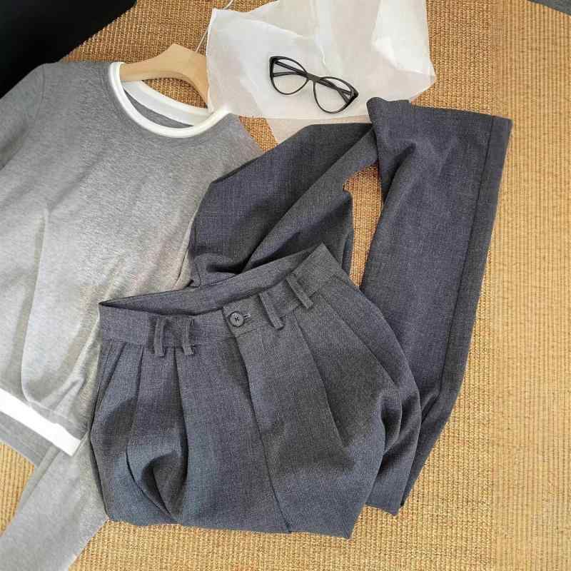 Cropped Pants - レディース ワイドパンツ 韓国風 ビンテージ風 スリム ハイウエスト ゆったり 百搭 ストレート ロングパンツ 通勤 普段使い 気質 優雅 ミディアム厚 微弾力 ポリエステル スパンデックス グレー 春季 オフィススタイル カジュアルスタイル 軽量 伸縮