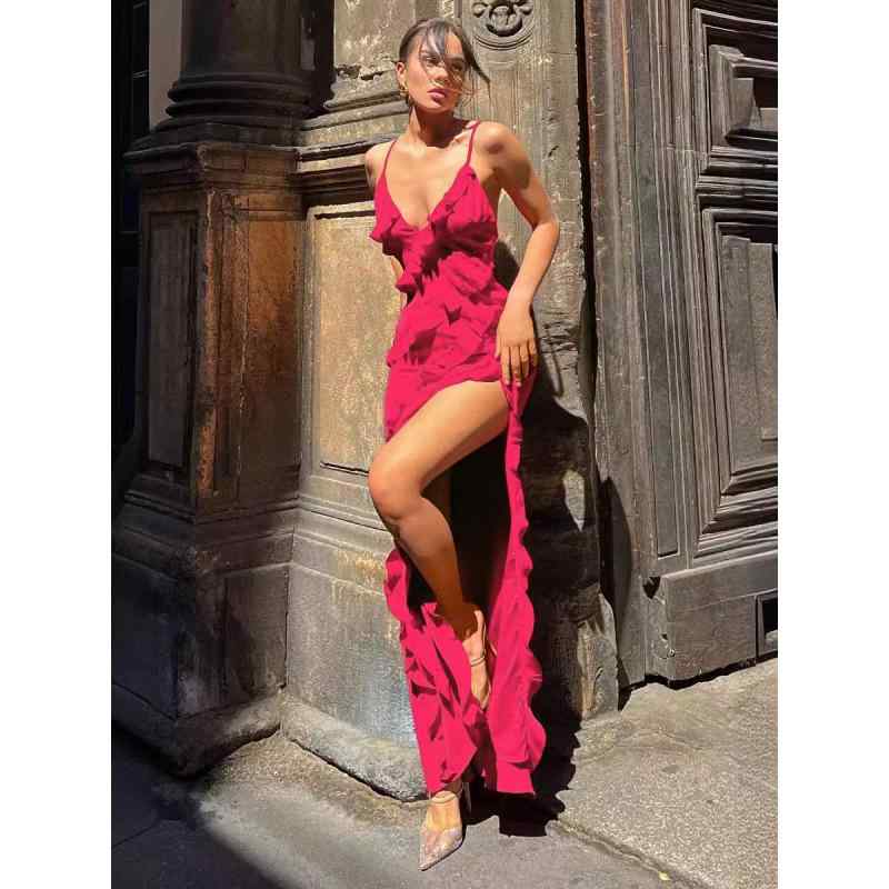 ワンピース レディース セクシー Vネック ノースリーブ ホルターネック風 スリット入り ロング丈 タイト 無地 ブラック レッド ポリエステル 接触冷感 パーティードレス キャミソールワンピース キャバドレス