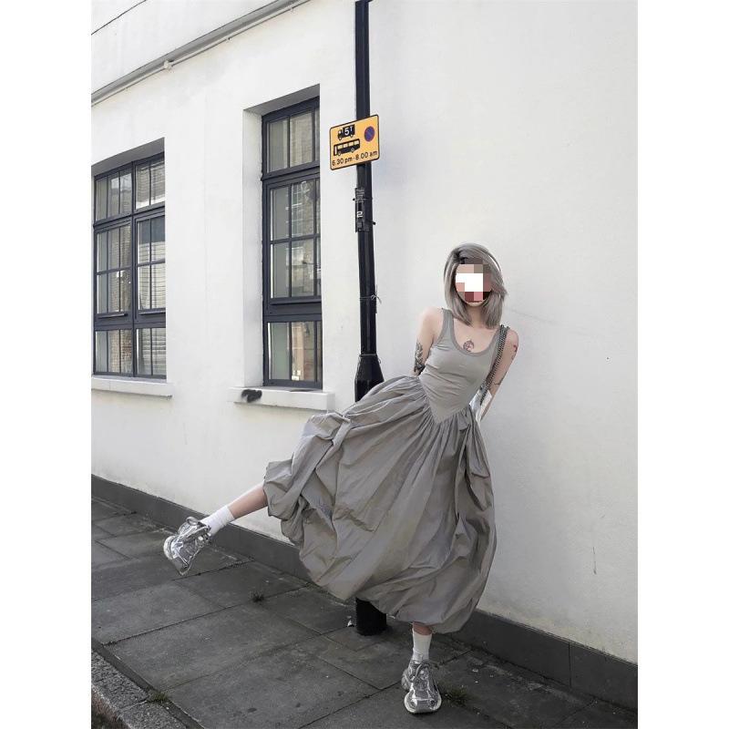 ワンピース レディース 女性用 チュールスカート ノースリーブ Aライン ミディ丈 ひざ下 膝下 無地 背中開き セクシー ストリート カジュアル かわいい