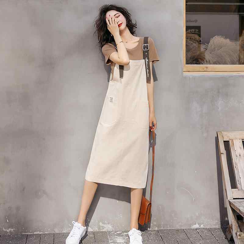 ワンピース レディース デニム サロペット ジャンパースカート ミモレ丈 半袖 Tシャツ 2点セット 綿 春夏 かわいい ストリート カジュアル