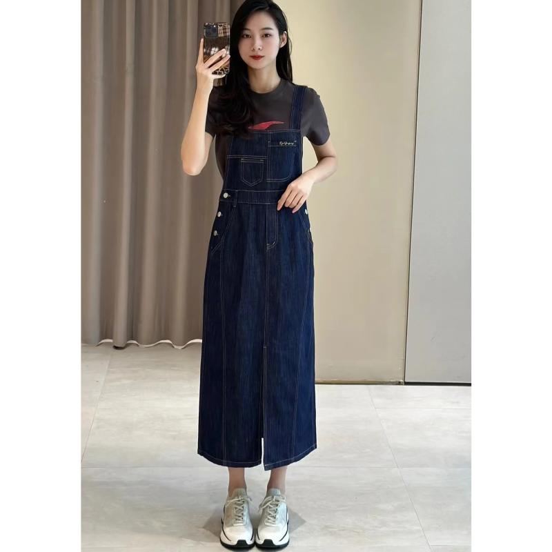ワンピース レディース レトロ 肩紐付き ミモレ丈 デニムワンピース 春物 コットンリネン ブルー S M L XLサイズ ストリート カジュアル