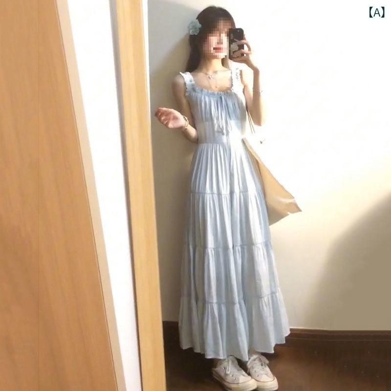 ワンピース レディース 海辺 リゾート風 裾プリーツ ノースリーブ Aライン ミモレ丈 ブルー TR素材 文芸復古風