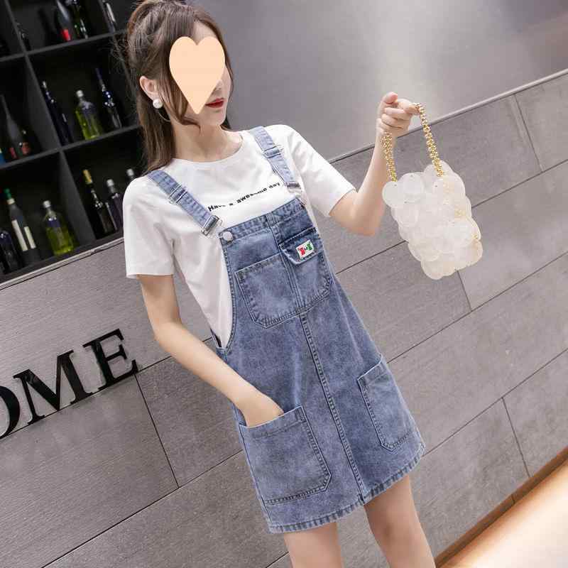 ワンピース レディース デニム 背帯スカート ミニワンピース 高めのネックライン 半袖 ストリート カジュアル スタイル 春夏