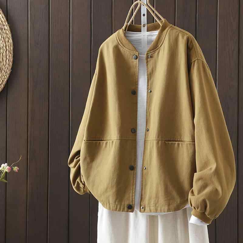 ジャケット レディース ゆったり ヴィンテージ風 ワーク系 野球 アウター 大きいサイズ 綿 スタンドカラー ダブルポケット 黄色 ワインレッド カーキ ブラック(4)
