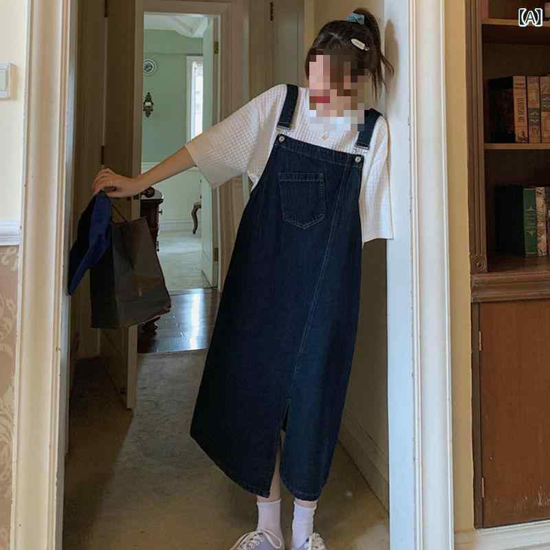 ワンピース レディース デニム 背あて スカート ミドル丈 ロング丈 春夏 黒 ブラック 青 ブルー 小柄 スタイル アップ 細見え 着痩せ Aライン