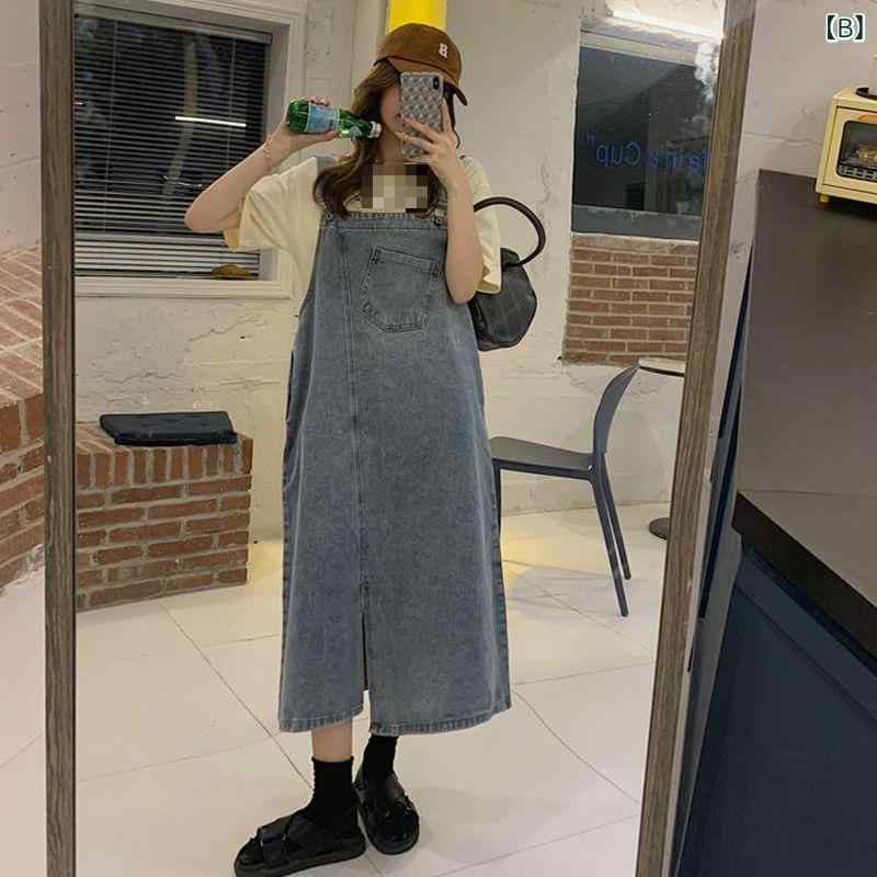 ワンピース レディース デニム 背あて スカート ミドル丈 ロング丈 春夏 黒 ブラック 青 ブルー 小柄 スタイル アップ 細見え 着痩せ Aライン