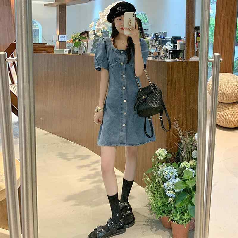 ワンピース レディース デニム 背当て 短袖 パフスリーブ ミニ丈 ショート丈 Aライン ゆったり 体型カバー 着痩せ ブルー ブラック オフホワイト