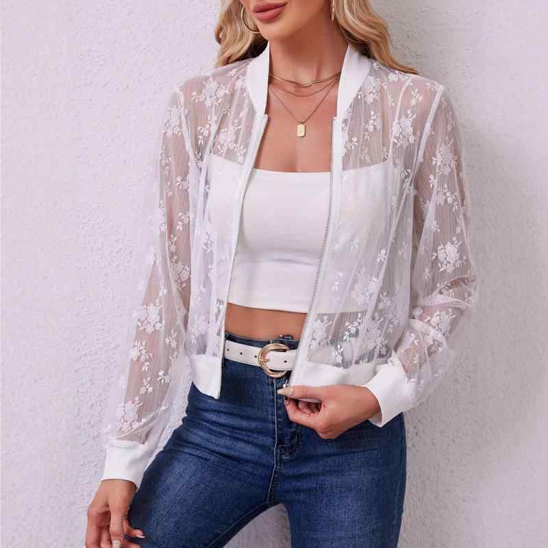 ジャケット レディース レース 切り替え ジップアップ ブルゾン アウター エレガント ホワイト 長袖 ポリエステル 薄手 襟なし 秋冬(4.0)