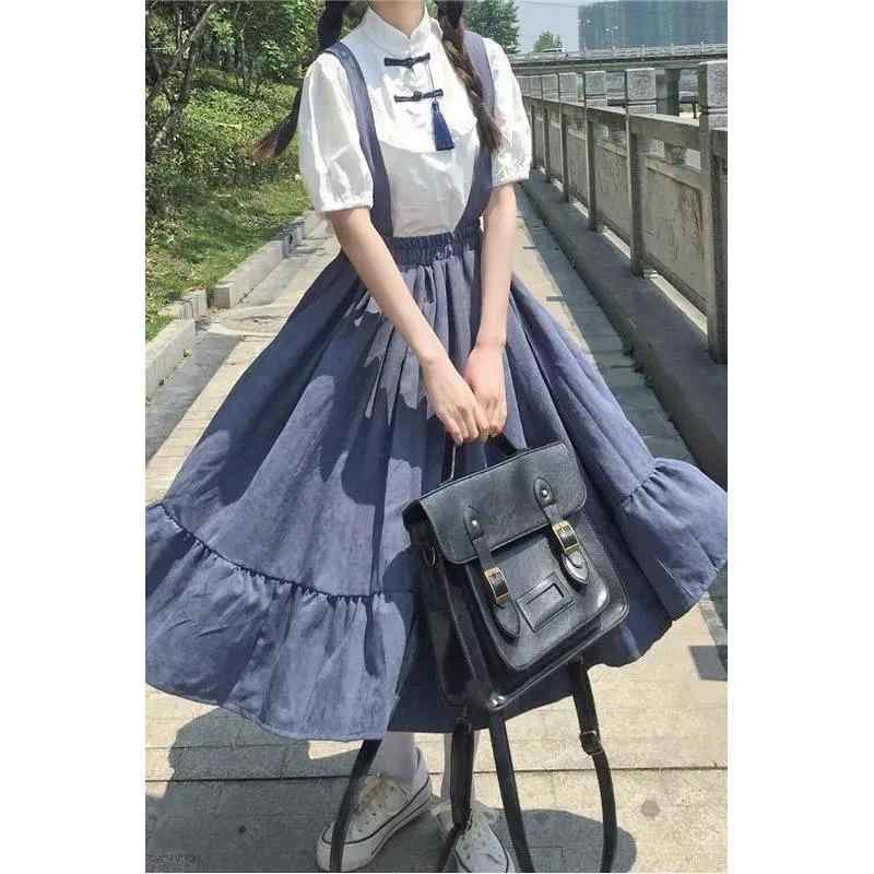 セットアップ レディース 半袖ブラウス ジャンパースカート 2点セット ポリエステル 学院風 ガーリー フェミニン ひざ丈 ミモレ丈 春夏 ブルー ブラック