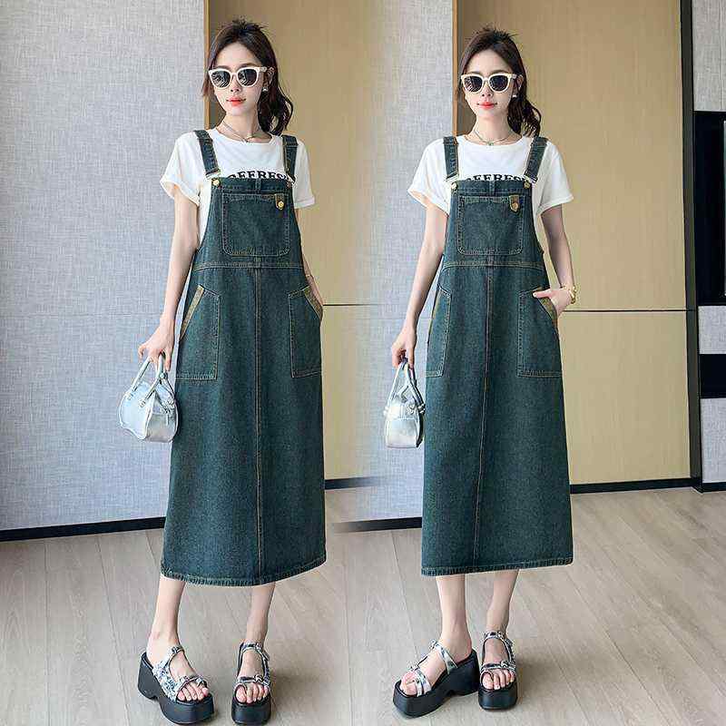 デニム レディース デニムワンピース サロペットスカート ジャンパースカート ミモレ丈 ロング丈 ゆったり 高見え ブルー