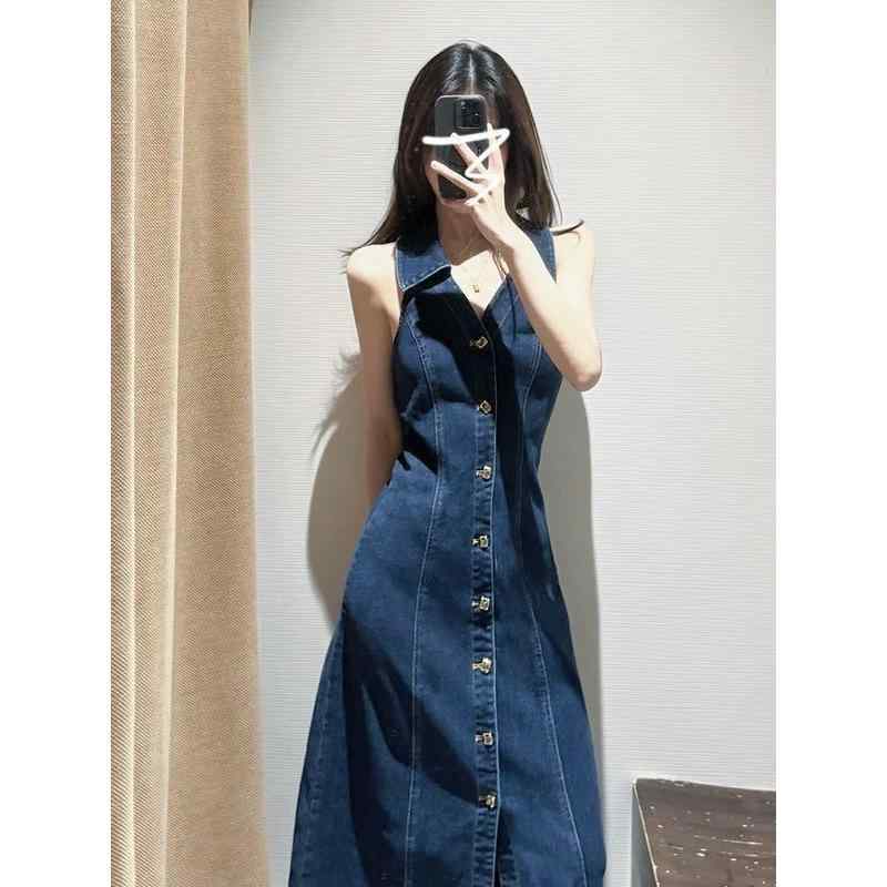 ワンピース レディース デニム ロング丈 吊りスカート ジャンパースカート レトロ スタイル Aライン ミモレ丈 ノースリーブ ギャザー 切り替え 無地 かわいい ポリエステル 綿 春夏