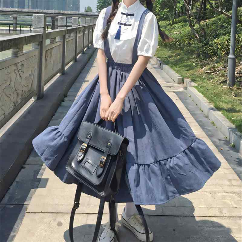 ワンピース レディース 新 中華風 国風 シャツ 古風 サスペンダースカート 甘め レトロ 2点セット 学院風 ポリエステル ブラック ブルー 中長スカート