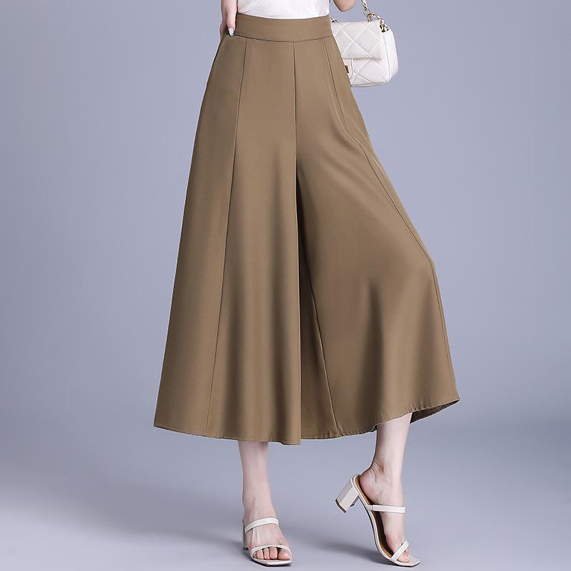 スカート レディース ワイド キュロット スカンツ 七分丈 ポリエステル 高腰 ゆったり 大きめサイズ 楽ちん カジュアル 黒 ブラック カーキ 春夏