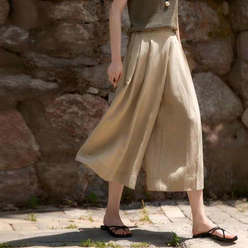 スカート レディース 天丝麻混 ワイドレッグパンツ 高見え 薄手 春夏 涼しい 9分丈 カーキ ベージュ ネイビー