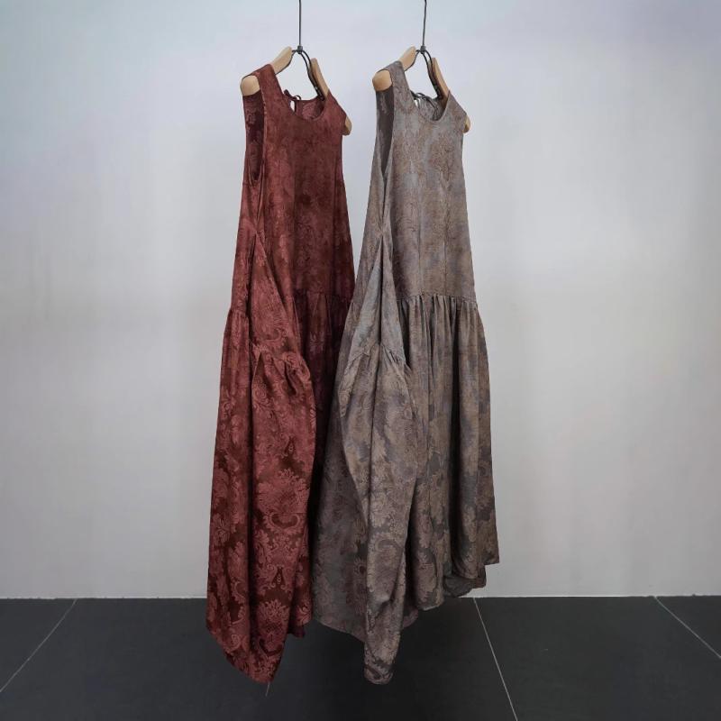 ワンピース レディース Uネック ノースリーブ 銅アンモニア繊維 立体提花 不規則 ロングワンピース 灰..