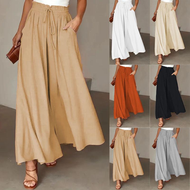 パンツ レディース 春夏 竹節綿 ワイドレッグパンツ 高腰 ロング丈 ベルボトム 無地 黒 ブラック ベージュ カーキ ネイビー 通勤 オフィス きれいめ カジュアル