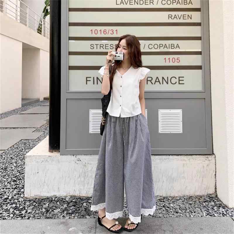 ワイドパンツ レディース 大きいサイズ レース 格子柄 ハイウエスト ゆったり ストレートパンツ アラサー アラフォー 30代 40代 エレガント オフィスカジュアル 春夏