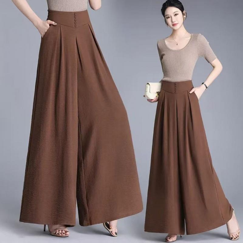 パンツ レディース 春夏 落ち感 ワイドレッグ スカンツ ガウチョパンツ ゆったり ハイウエスト 9分丈 薄手 ポリエステル ブラウン ベージュ ブラック