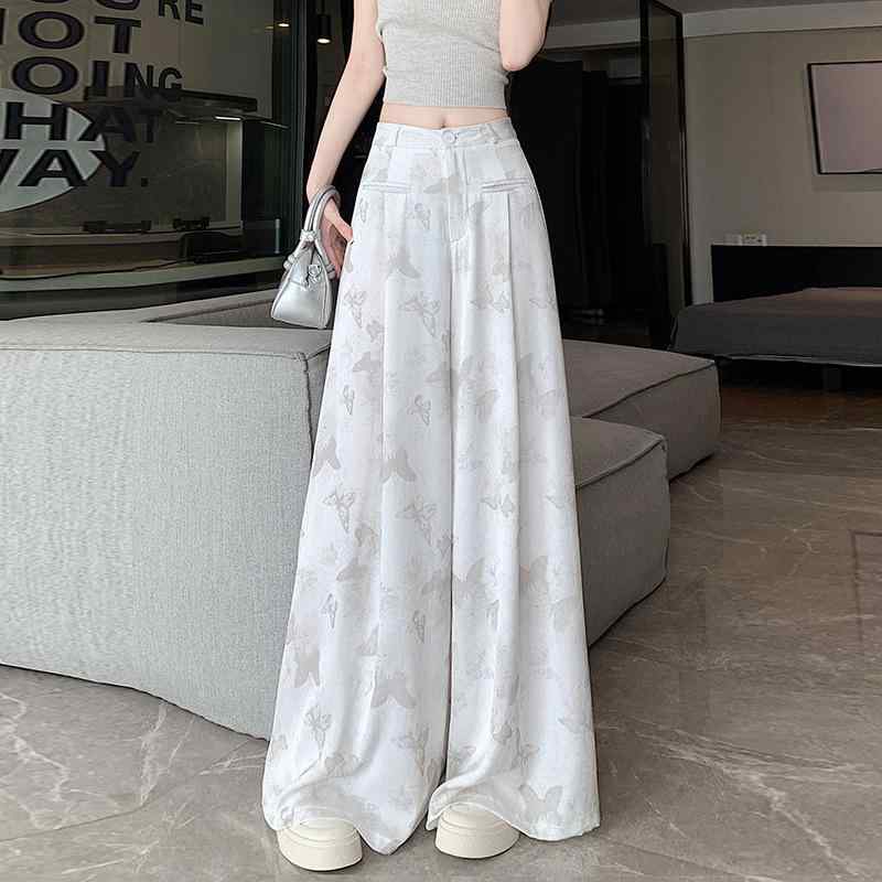 パンツ レディース 春夏 レトロ 提花 サテン ワイドレッグパンツ スカート風 デザイン 高腰 垂れ感 カジュアル ストレート ロングパンツ 黒 白 金色