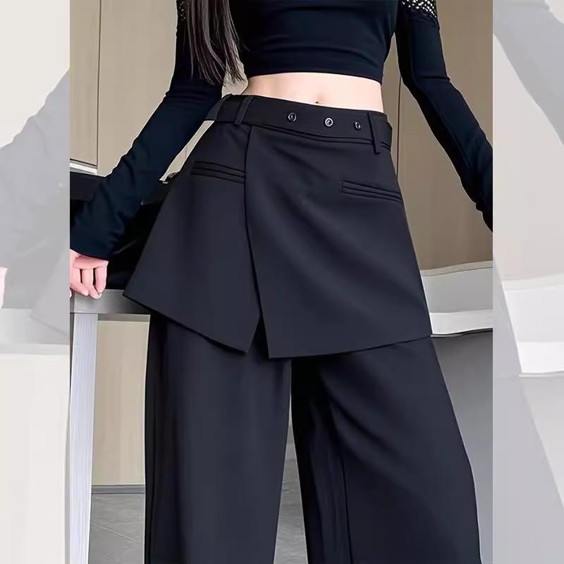 スカート付きパンツ レディース 黒 フェイクレイヤード キュロット 春 高見え ハイウエスト ストレート ロングパンツ 薄手 伸縮性 無地 きれいめ お洒落 スタイルアップ