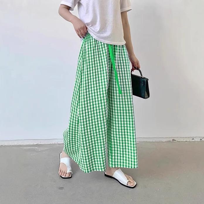 パンツ レディース 高腰 格子柄 ワイド キュロット ゆったり ポリエステル 快適 普段使い 通勤 春夏 イエロー系