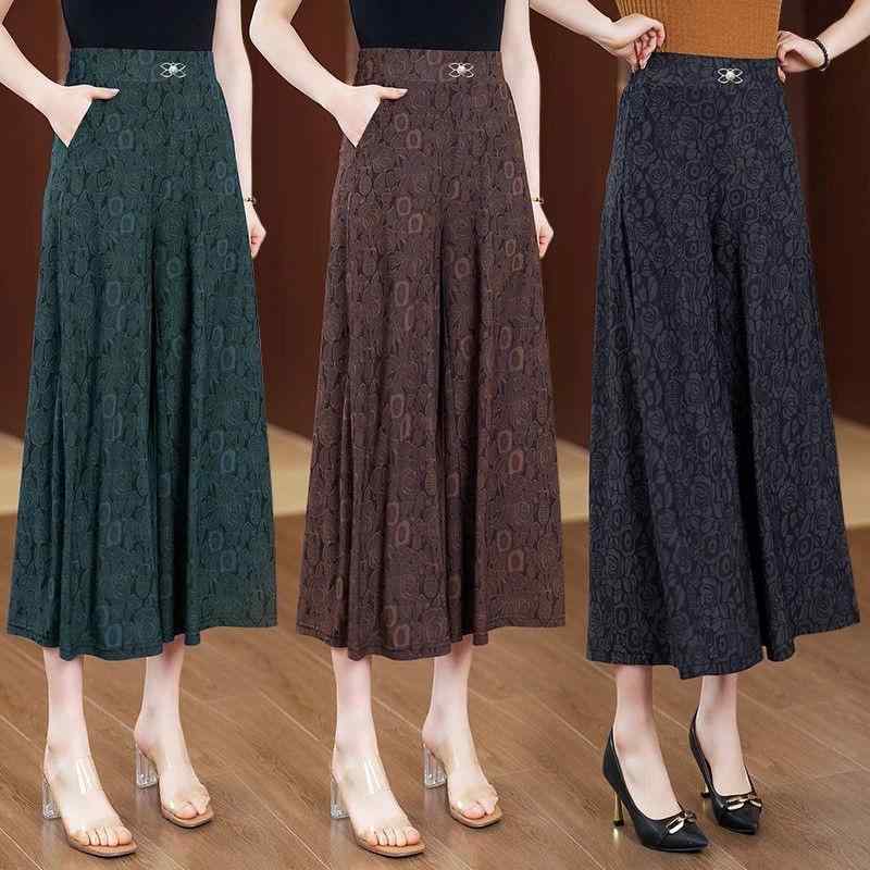 パンツ レディース 提花 ワイドレッグ 高腰 スリム ミセス 9分丈 ポリエステル ブラック レッド コーヒー色 グリーン 民族風 レトロ