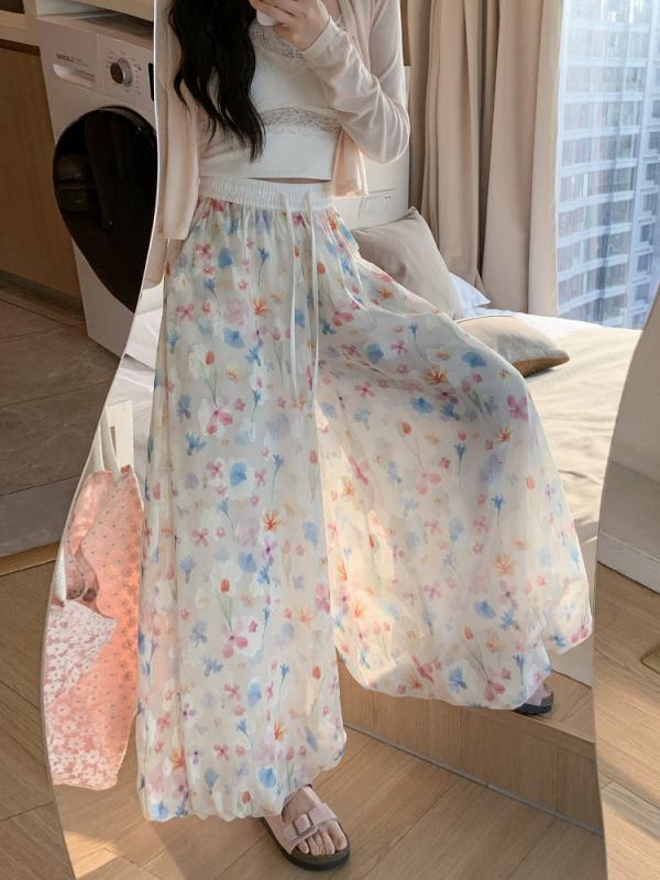 スカート レディース 韓国風 多巴胺 減齢 花柄 ズボン 春夏 接触冷感 ゆったり かわいい ギャザー ウエストゴム ポリエステル