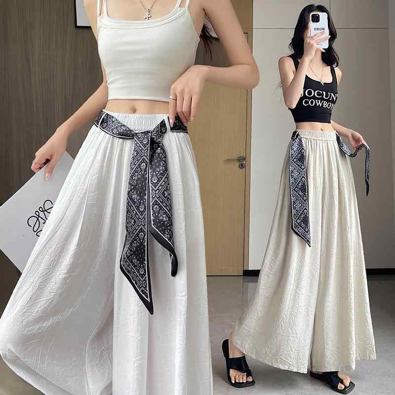 パンツ レディース 接触冷感 リネンブレンド ワイドパンツ ハイウエスト 9分丈 バンド付き 快適 ゆったり ストレートパンツ カジュアル ボトムス 春夏