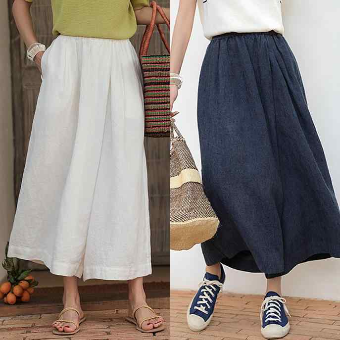 パンツ レディース 苎麻 ワイドパンツ 春夏 リネン スカンツ ガウチョパンツ ゆったり 文芸風 ナチュラル ウエストゴム 9分丈 薄手 本白 桃夭ピンク 深ブルー